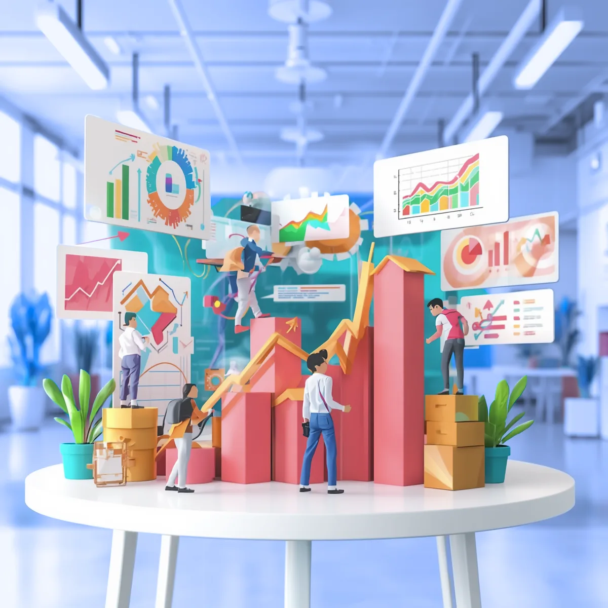 An illustrated funnel of charts and growth arrows