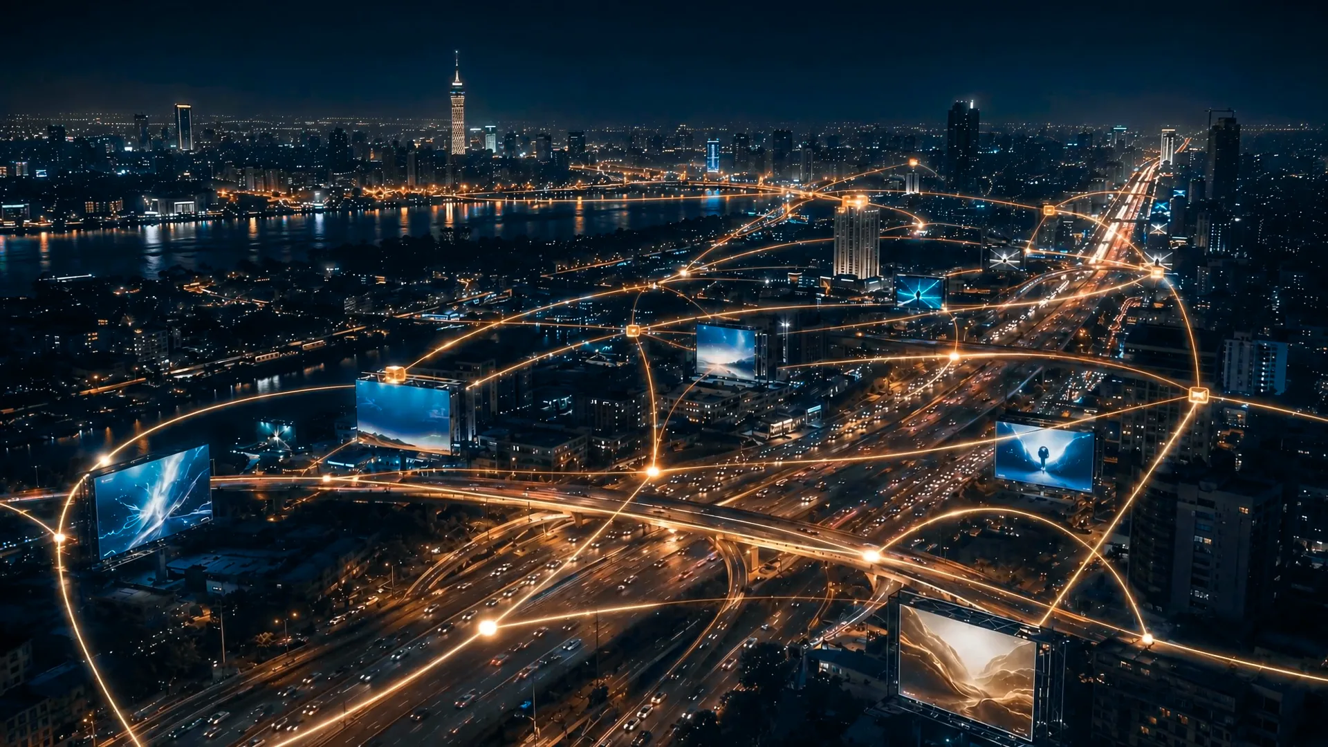 A city at night with illuminated billboards along its roads