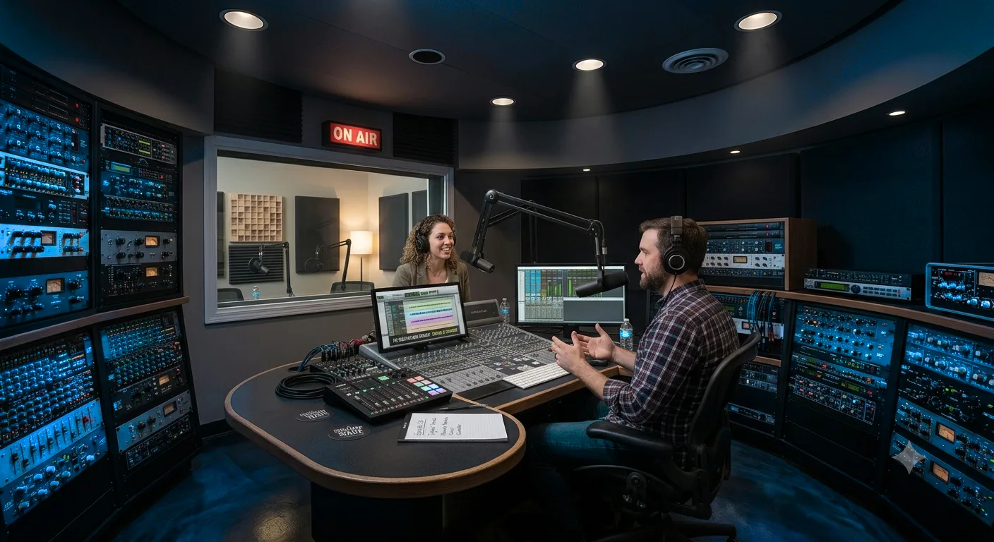 A voice-over session in a broadcast studio control room