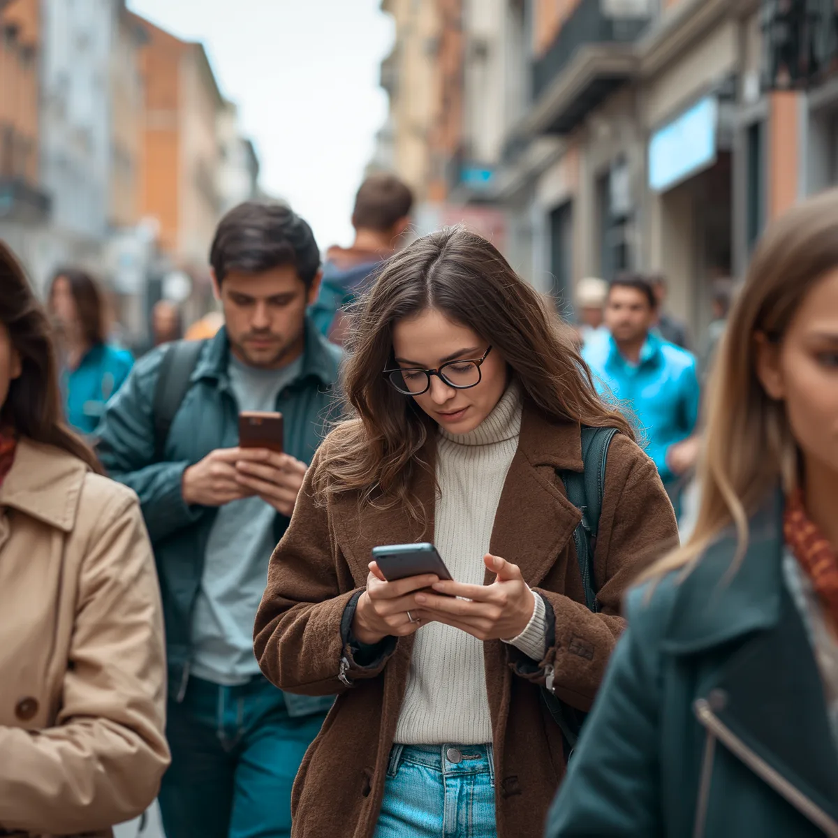 People on a busy street, one looking at her phone