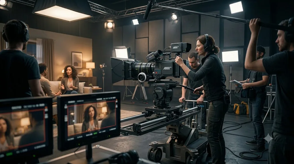 A film crew shooting a commercial on a lit studio set